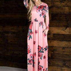 Plus Size Pocket Design Long Sleeve Pink Floral Maxi Dress