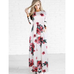 Plus Size Pocket Design Long Sleeve White Floral Maxi Dress