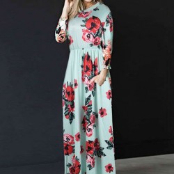 Plus Size Pocket Design Long Sleeve Green Floral Maxi Dress