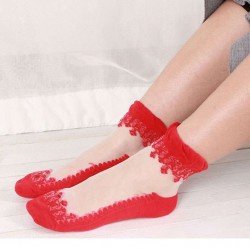 Ultrathin Transparent Beautiful Crystal Lace Elastic Short Women Socks 