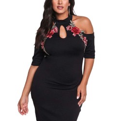 Plus Size Rose Embroidery Black Mini Dress
