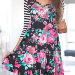 Plus Size Black Floral Print Stripe Raglan Sleeve Dress