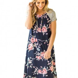 Plus Size Navy Blue Backdrop Floral Print A-line Loose T-shirt Dress