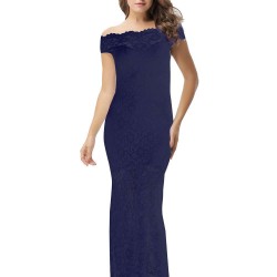 Dark Blue Lace Elegant Fishtail Party Gown For Women