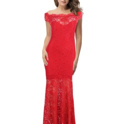 Red Lace Elegant Fishtail Maxi Party Gown