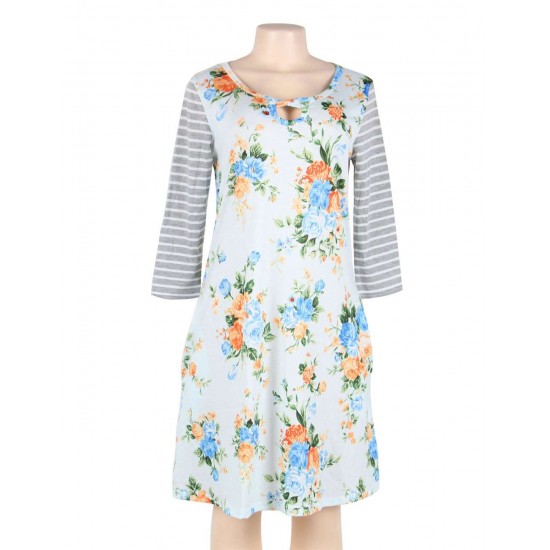 Plus Size White Floral Print Stripe Raglan Sleeve Dress Plus Size White Floral Print Stripe Raglan Sleeve Dress