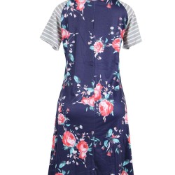 Plus Size Navy Blue Backdrop Floral Print A-line Loose T-shirt Dress