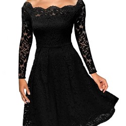 Plus Size Black Lace Long Sleeve Off Shoulder Dress
