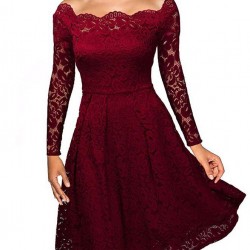 Red Lace Long Sleeve Off Shoulder Dress