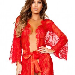 Plus Size Red Belted Lace Eyelash Sleepwear Gown