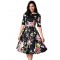 Half Sleeve Black Vintage Style Floral Swing Dress
