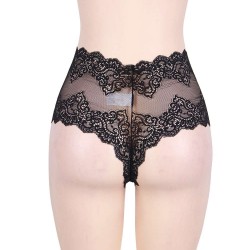 Plus Size Sexy High Waist Floral Lace Black Panty