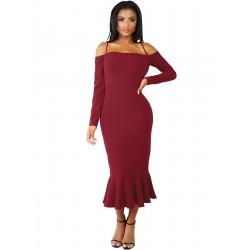 Ruffle Off-Shoulder Midi Dark Red Bodycon Dress
