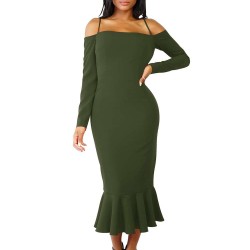 Ruffle Off-Shoulder Midi Dark Green Bodycon Dress