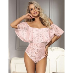 Dreamy Pink Lace Ruffle Off Shoulder Teddy Dreamy Pink Lace Ruffle Off Shoulder Teddy