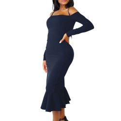 Ruffle Off-Shoulder Midi Dark Blue Bodycon Dress