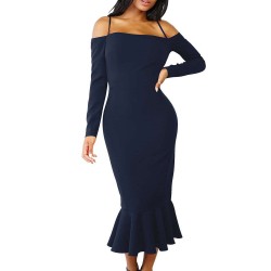 Ruffle Off-Shoulder Midi Dark Blue Bodycon Dress
