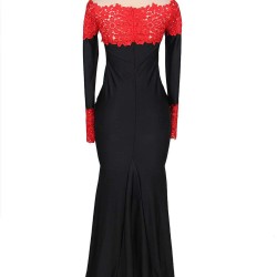 Boat Neck Red Lace Evening Gown
