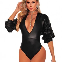 Black Deep V Collar bubble sleeve Teddy