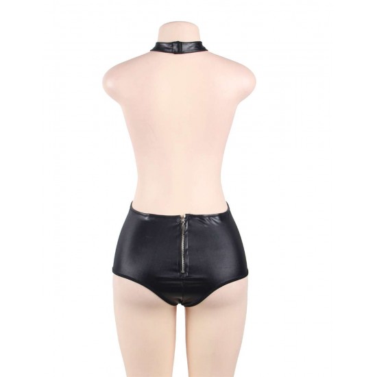 Black Leather Choker Neck Teddy Black Leather Choker Neck Teddy