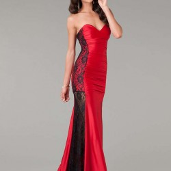 Long Strapless Ruffle Floral Red Prom Dresses