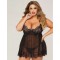 Plus Size Sexy Black Sheer Floral Eyelash Trim Lace Babydoll Set