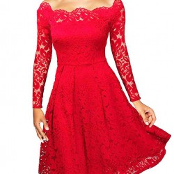 Long Sleeve Fashion Red Lace Midi Dress