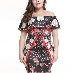 Plus Size Off Shoulder Casual Printed Shirt Dress