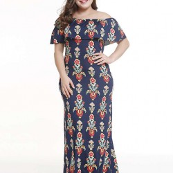 Plus Size Off Shoulder Casual Printed Long Dress