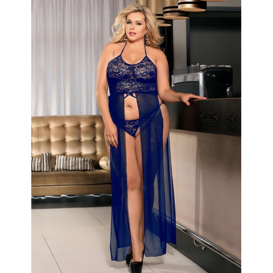 Plus Size Elegant Blue Hollow Out Lace Sexy Gown Plus Size Elegant Blue Hollow Out Lace Sexy Gown