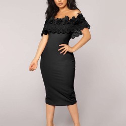Off Shoulder Bodycon Midi Knitting Flowers Black Dress
