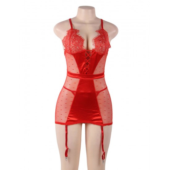 Plus Size Red Deluxe Satin Lace Stitching Babydoll Plus Size Red Deluxe Satin Lace Stitching Babydoll
