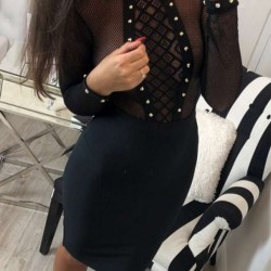 Black Perspective Lace Stitching Rivet Decorated Long Sleeve Fashion Dress