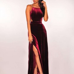 Slim Strap Halter Velvet Fashion Casual Long Dress