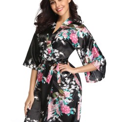  Flower And Bird Short Kimono Black Satin  Wrap  Pajamas 