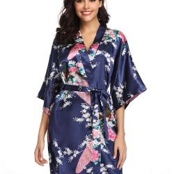  Flower And Bird Short Kimono Dark Blue Satin  Wrap  Pajamas 