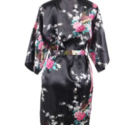 Flower And Bird Short Kimono Black Satin Wrap Pajamas Flower And Bird Short Kimono Black Satin Wrap Pajamas