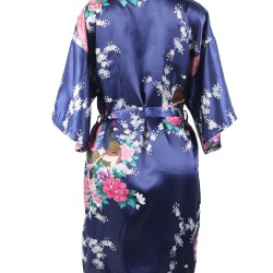 Flower And Bird Short Kimono Dark Blue Satin Wrap Pajamas Flower And Bird Short Kimono Dark Blue Satin Wrap Pajamas