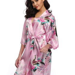 Flower And Bird Short Kimono Pink Satin  Wrap  Pajamas   Flower And Bird Short Kimono Pink Satin  Wrap  Pajamas