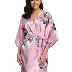 Flower And Bird Short Kimono Pink Satin  Wrap  Pajamas   Flower And Bird Short Kimono Pink Satin  Wrap  Pajamas