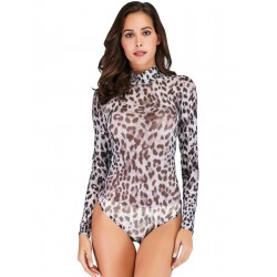 Leopard Long Sleeve Turtleneck Mesh Bodysuit For Women Leopard Long Sleeve Turtleneck Mesh Bodysuit For Women