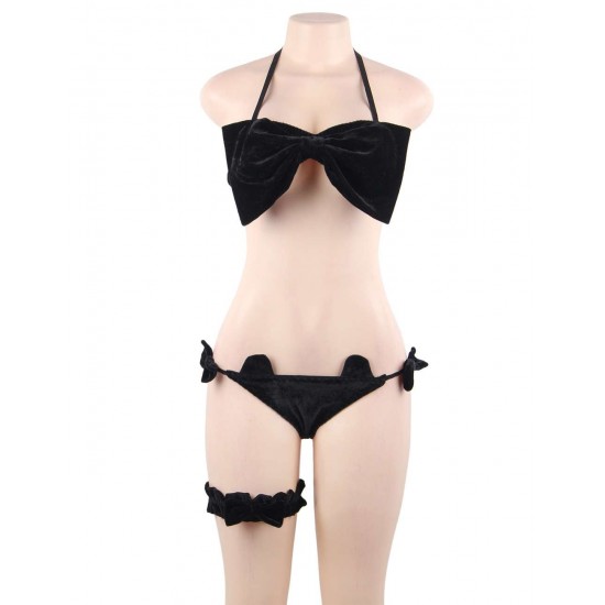 Black Cute Bow Velvet Bra Set Black Cute Bow Velvet Bra Set