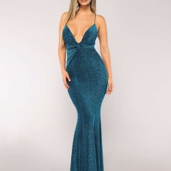 Blue Elegant Halter sparkly Slim Evening Dress