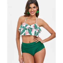 High Waist Green Floral Print Sexy Ruffled Summer Women's Bikini Set High Waist Green Floral Print Sexy Ruffled Summer Women's Bikini Set