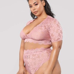 Plus Size Naughty Sexy Girls High Waist Pink Full Lace Bra Panty Underwear
