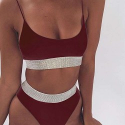 High-Waist Sequins Dark Red Solid Color Sexy Summer Bikini Set