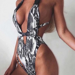 Fashion V Front One Piece Snake Print Swimsuit Sexy Bikini