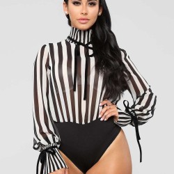 High Neck Long Bell Sleeve Stripe Bodycon Jumpsuit Leotard Tops