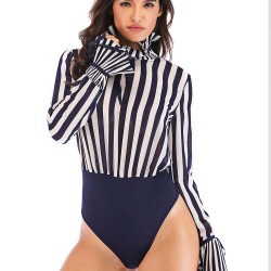 High Neck Long Bell Sleeve Stripe Bodycon Jumpsuit Leotard Tops