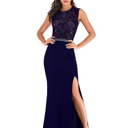 Blue Lace Patch Stitching Evening Dress